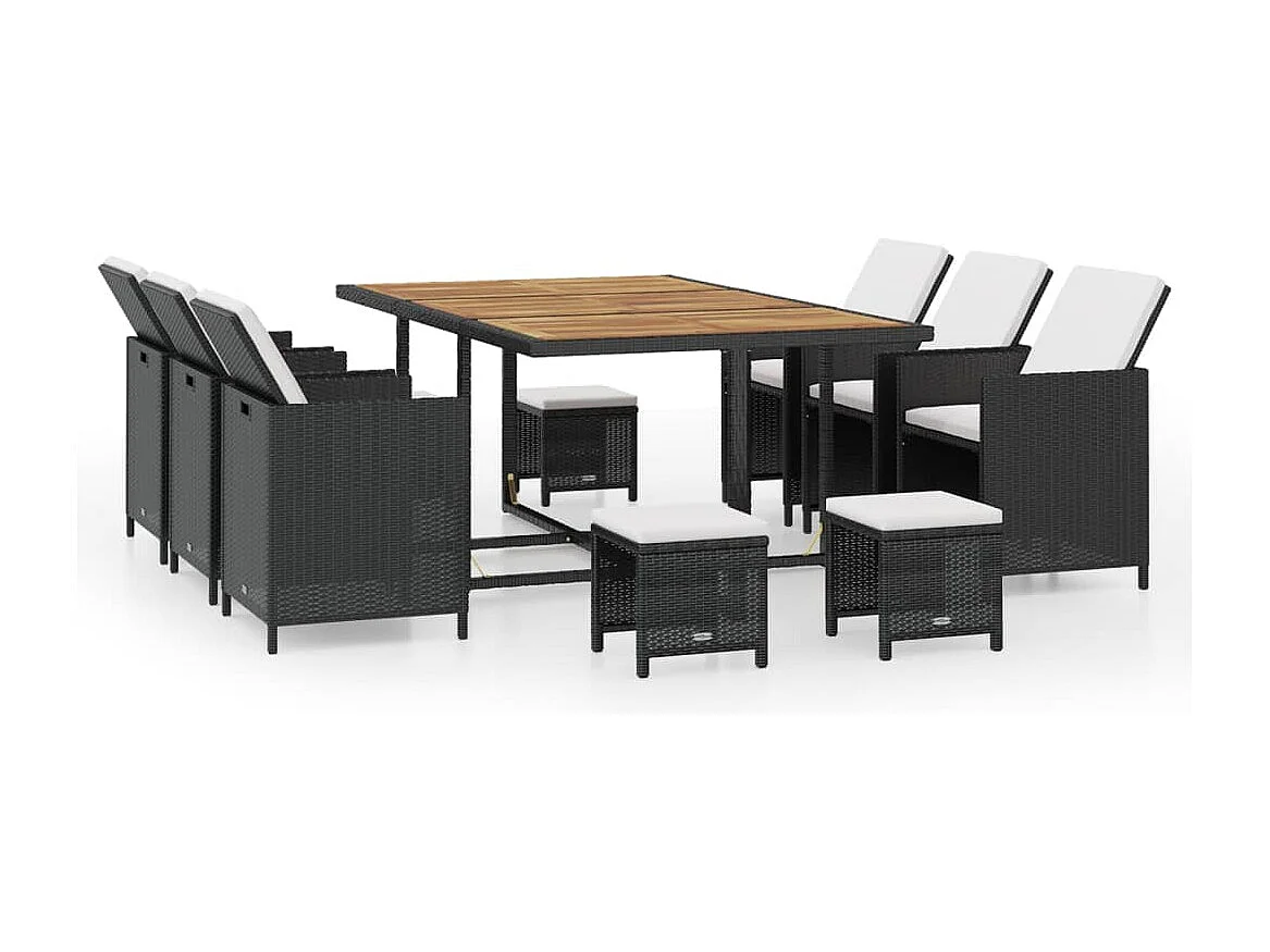 Salon de jardin encastrable 11 pièces Rotin et bois d'acacia Noir