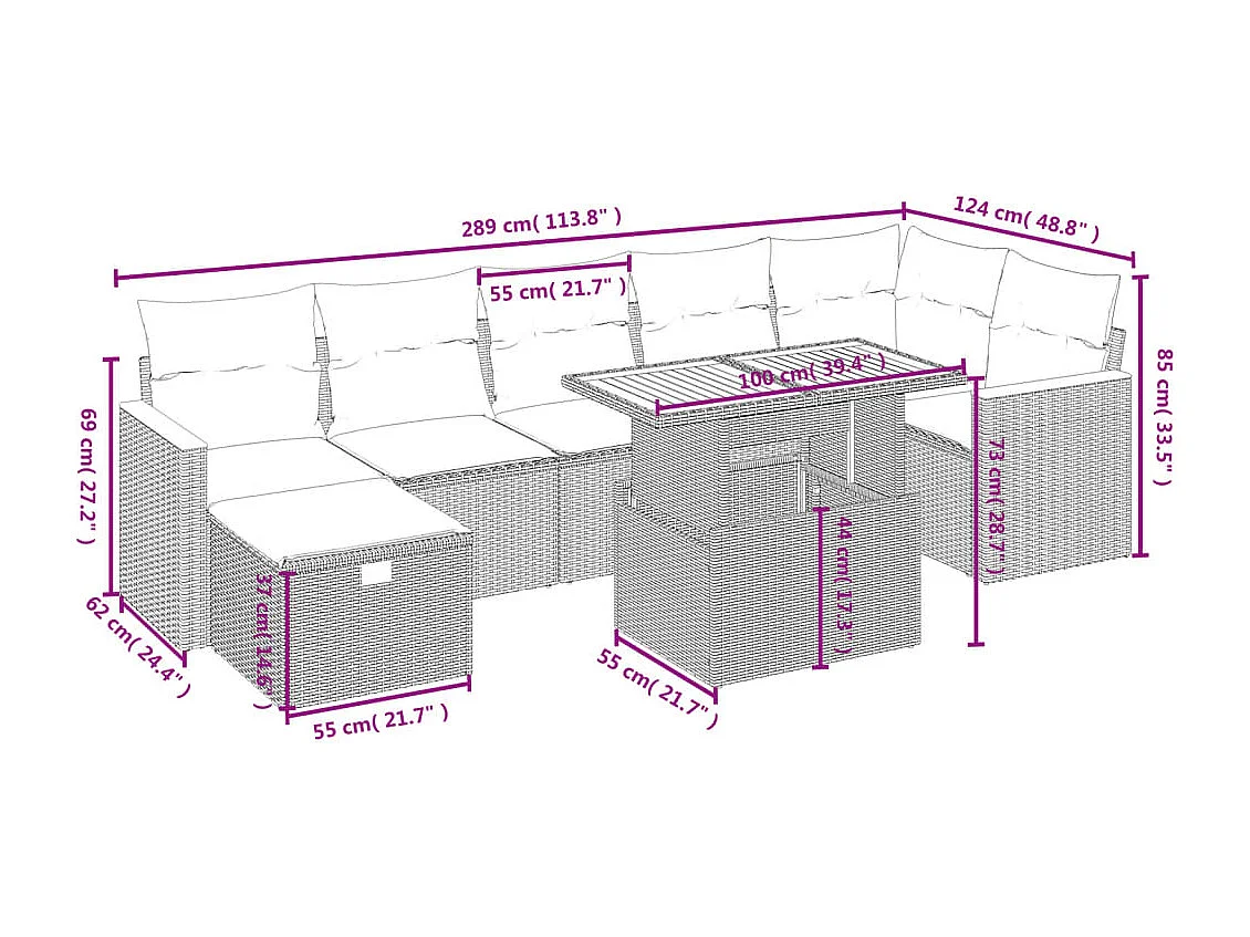 Salon de jardin 8 pièces avec coussins noir résine tressée