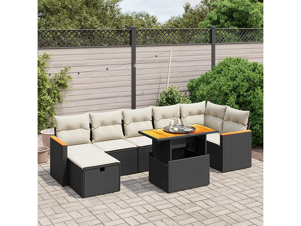 Salon de jardin 8 pièces avec coussins noir résine tressée