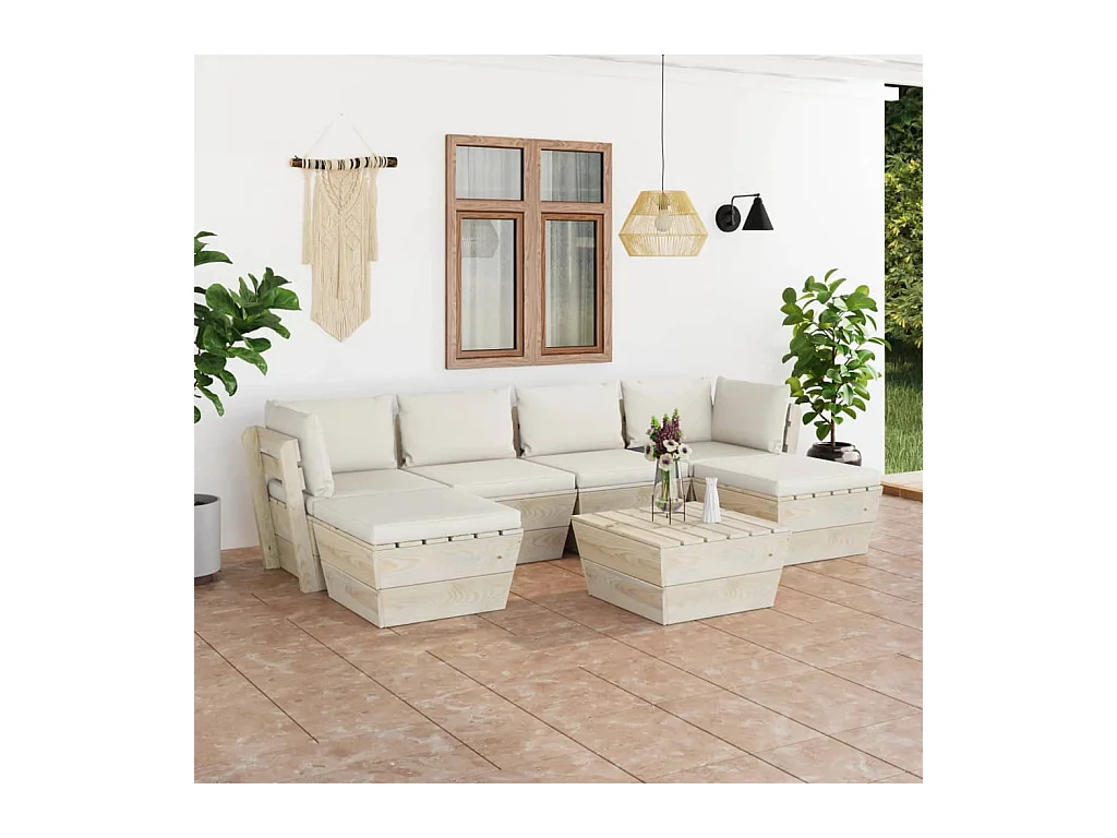 7 peças conjunto lounge de paletes + almofadões madeira de abeto