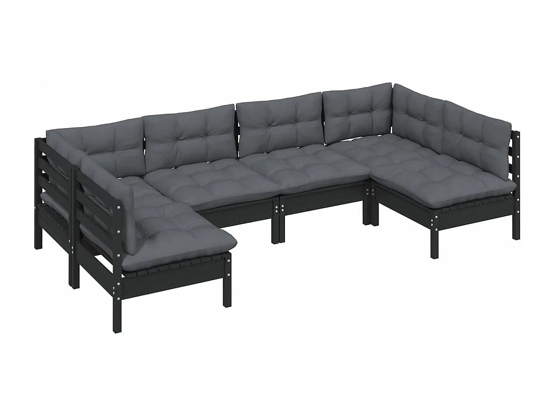 Salon de jardin 6 pièces avec coussins Noir Bois de pin massif