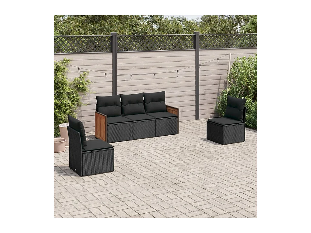 Salon de jardin 5 pièces avec coussins noir résine tressée