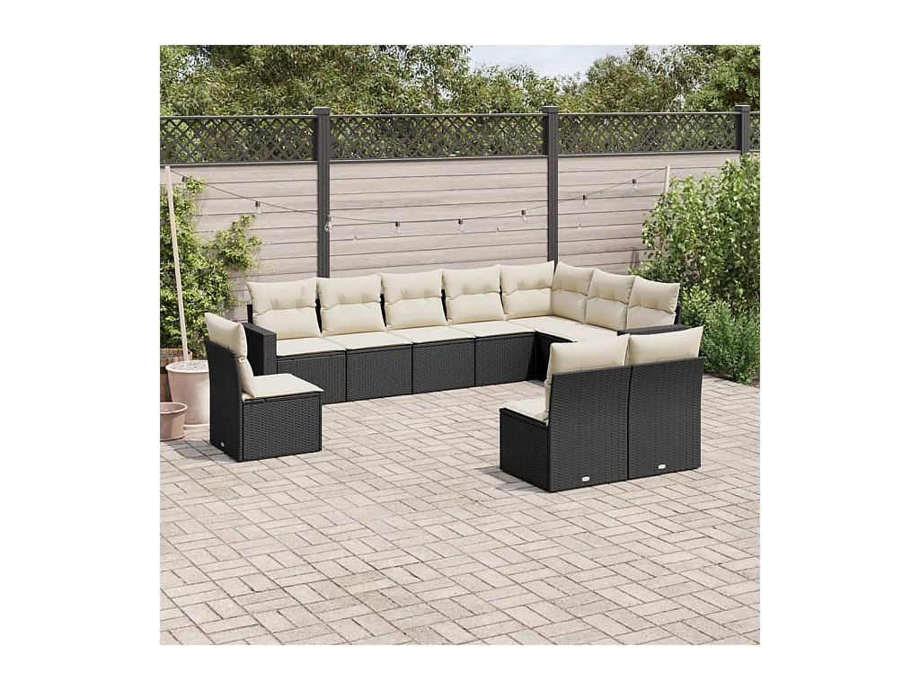 Salon de jardin 10 pièces avec coussins noir résine tressée