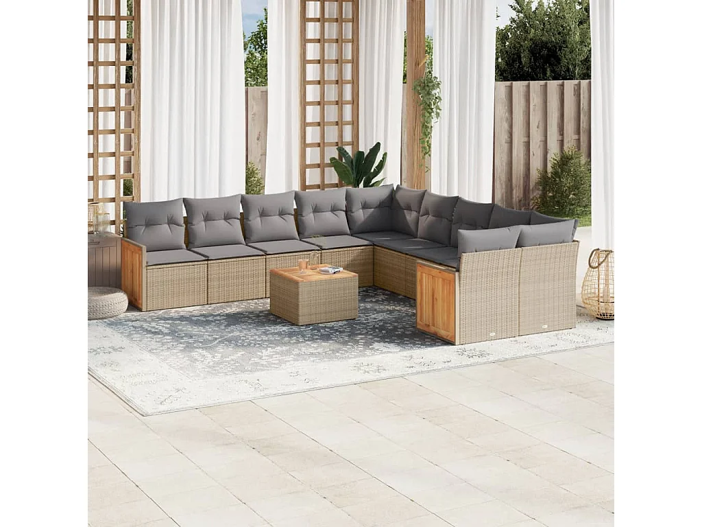 Salon de jardin 11 pièces avec coussins beige résine tressée