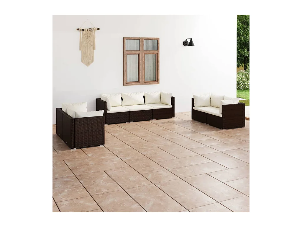 Salon de jardin 7 pièces avec coussins Résine tressée Marron