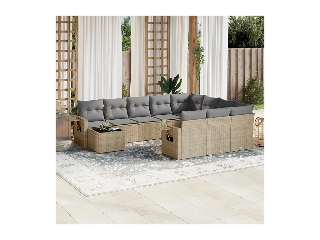 Salon de jardin 11 pièces avec coussins beige résine tressée