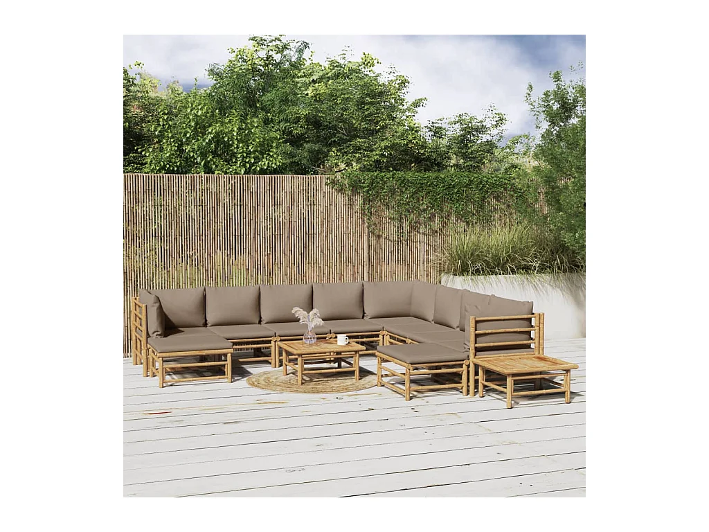 Salon de jardin 12 pièces avec coussins taupe bambou