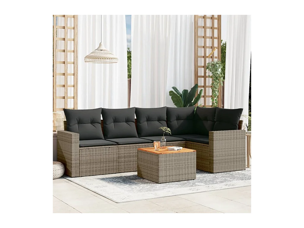 Salon de jardin 6 pièces avec coussins gris résine tressée