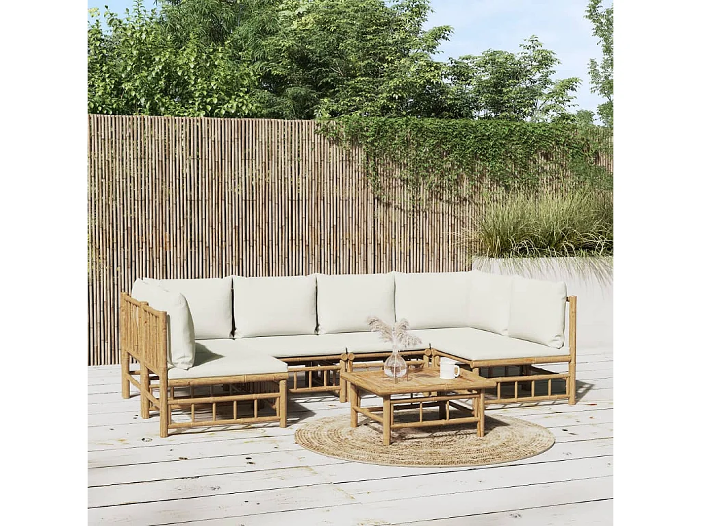 Salon de jardin 7 pièces avec coussins blanc crème bambou