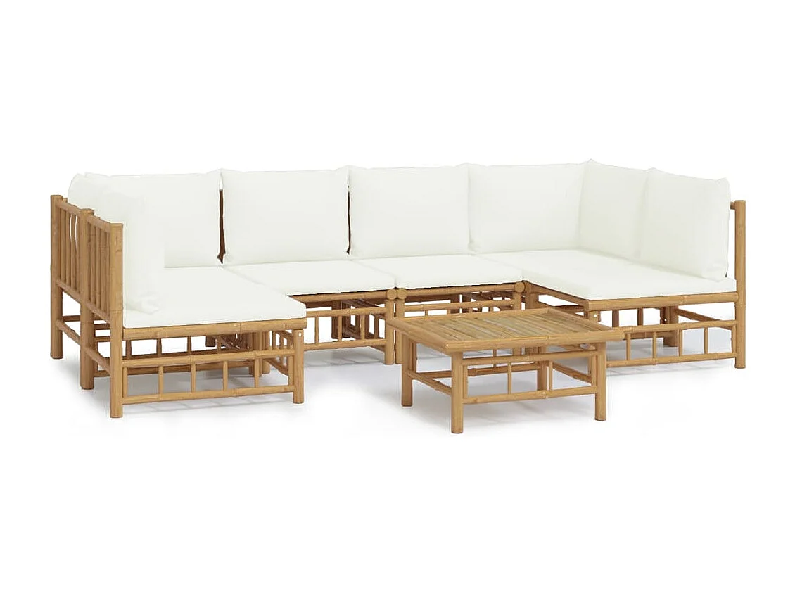 Salon de jardin 7 pièces avec coussins blanc crème bambou