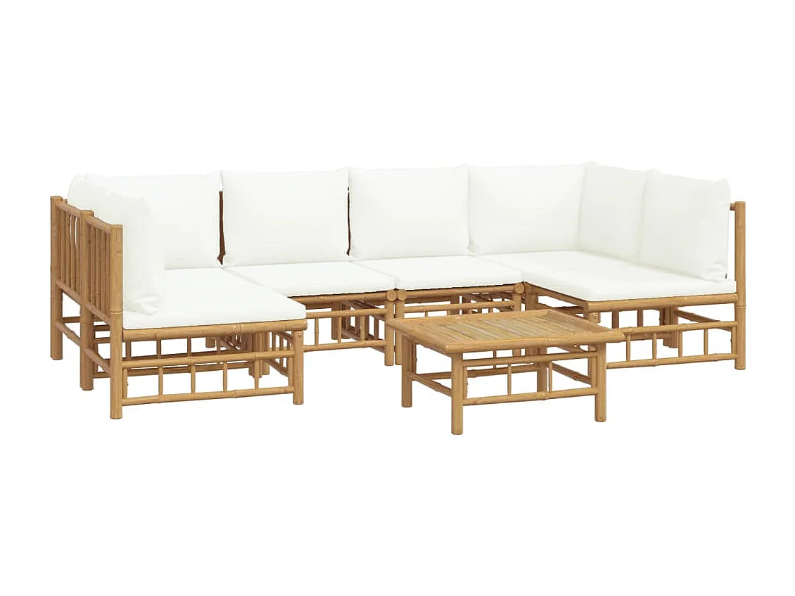 Salon de jardin 7 pièces avec coussins blanc crème bambou
