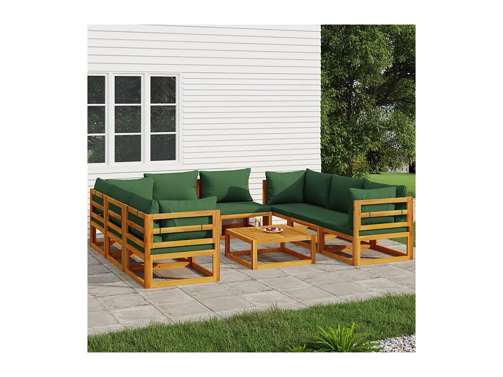 Salon de jardin 9 pièces avec coussins vert bois massif