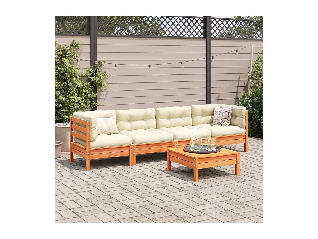 Salon de jardin 5 pièces avec coussins cire marron bois pin massif