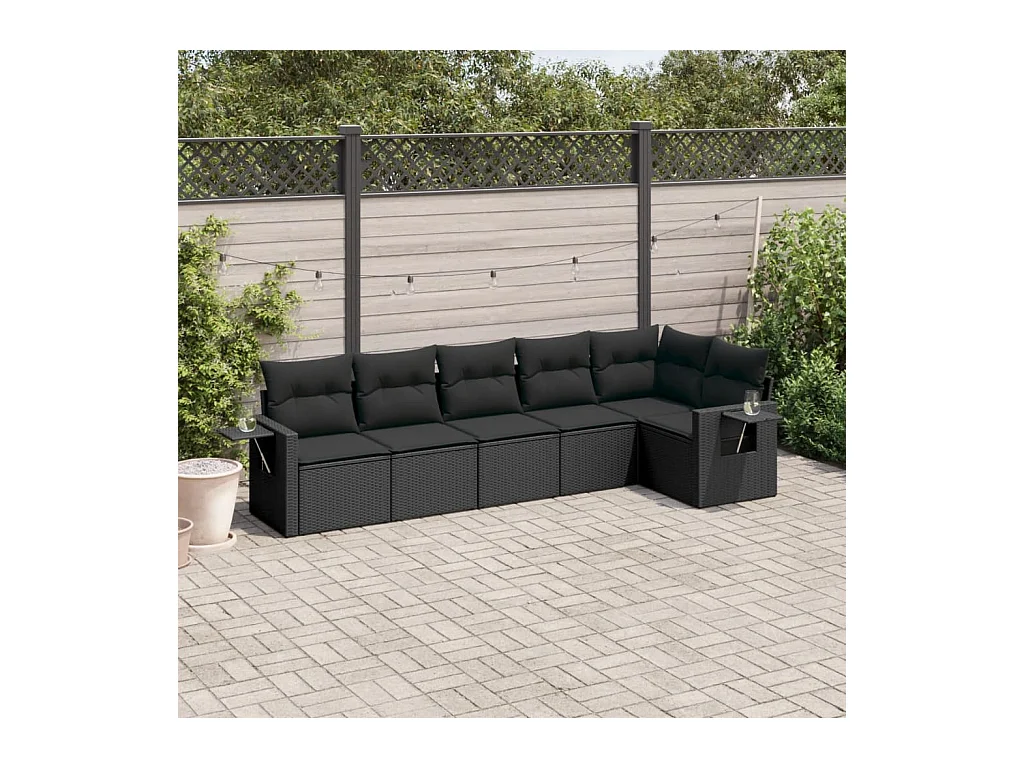 Set de sofás de jardín 6 piezas y cojines ratán sintético negro
