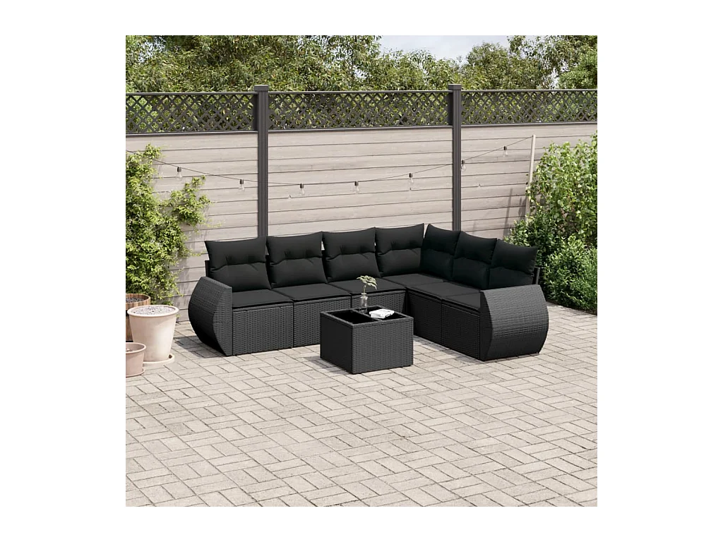 Salon de jardin 7 pièces avec coussins noir résine tressée