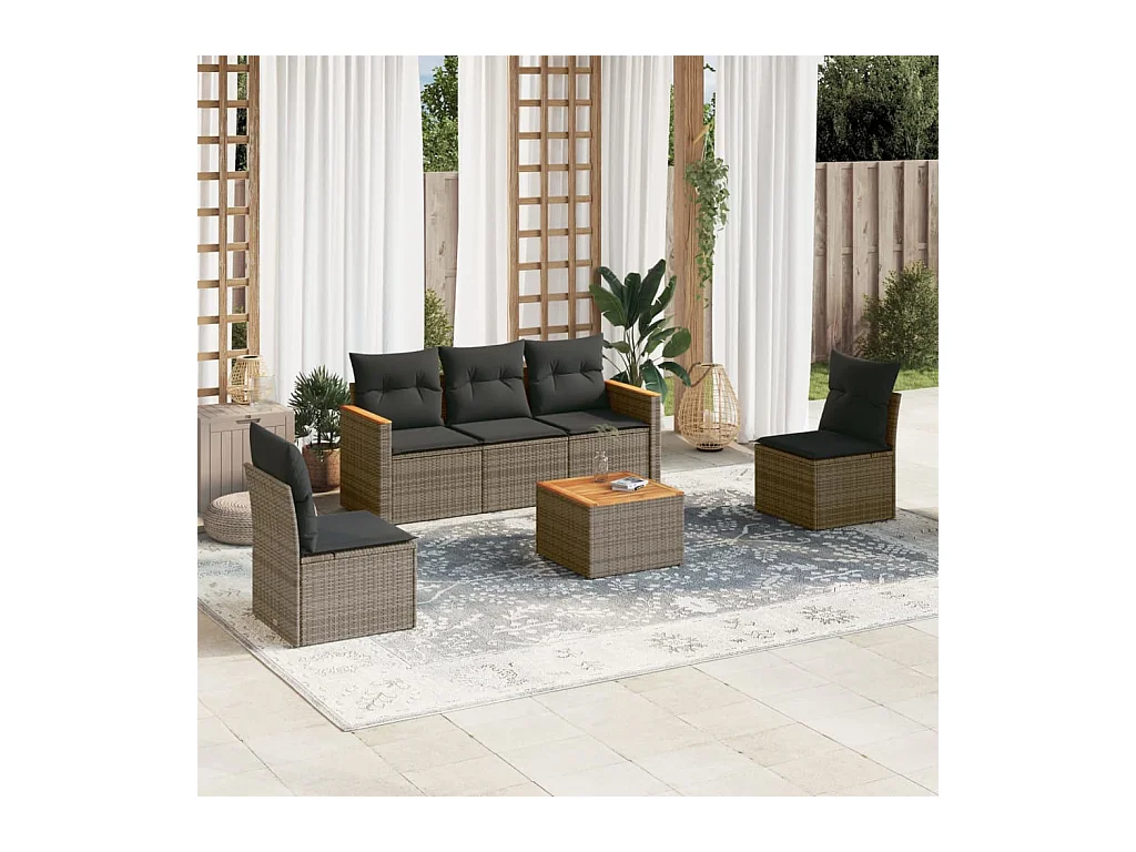 Salon de jardin 6 pièces avec coussins gris résine tressée