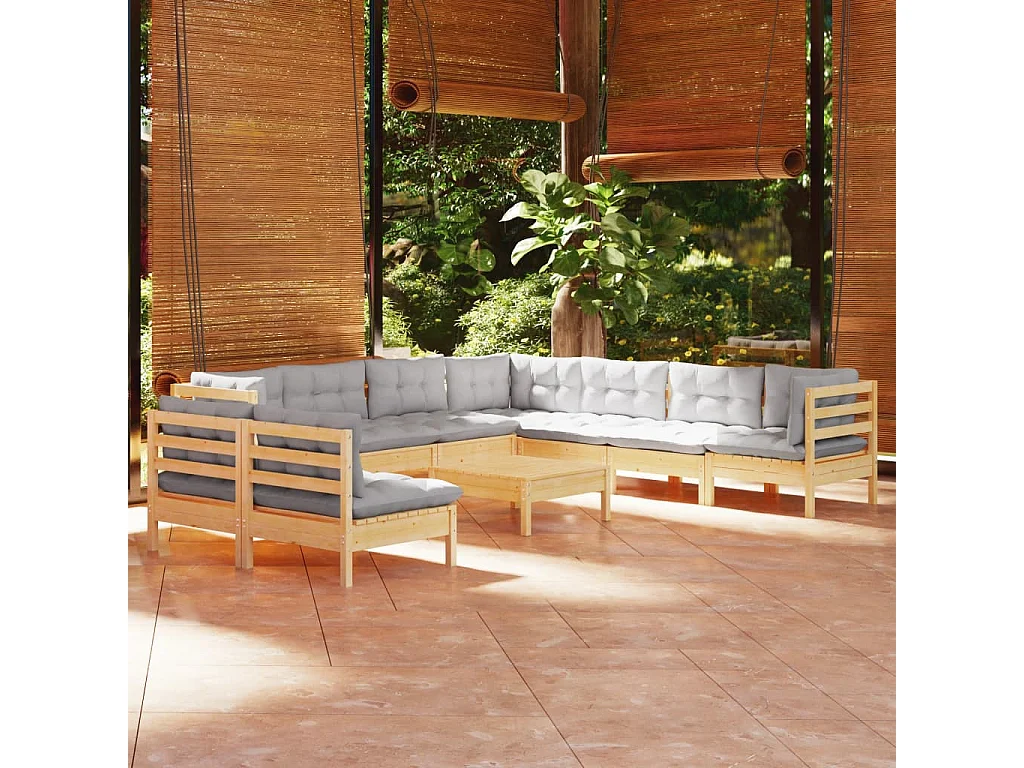 Salon de jardin 10 pièces avec coussins gris Bois de pin solide