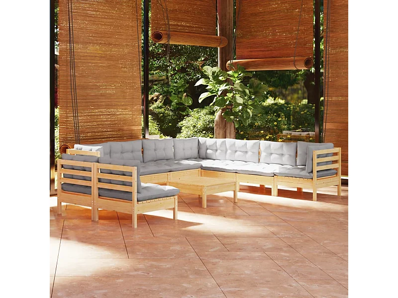 Salon de jardin 10 pièces avec coussins gris Bois de pin solide