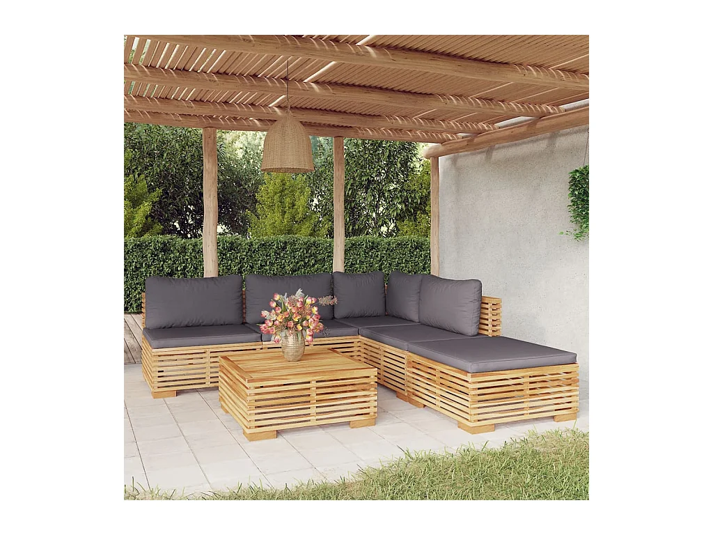 Salon de jardin 6 pièces avec coussins Bois de teck solide