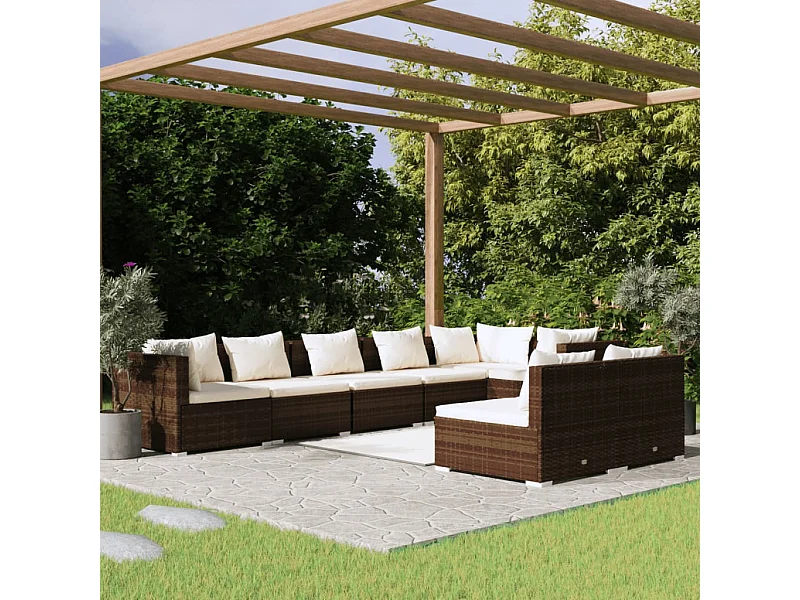 8-delige Loungeset met kussens poly rattan bruin