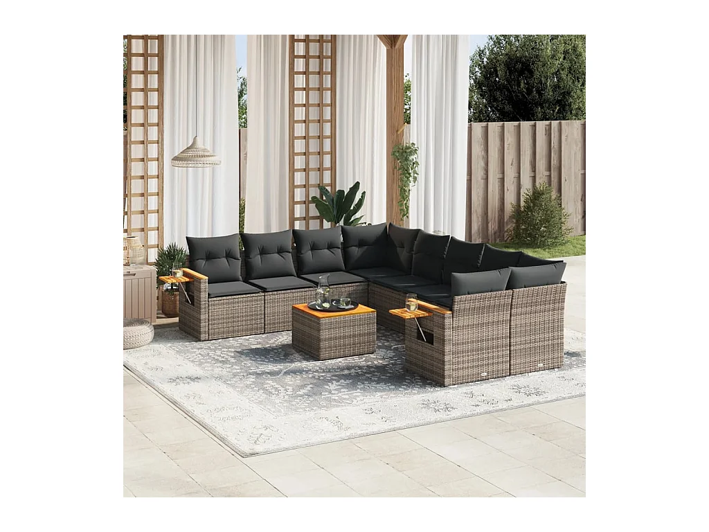 Salon de jardin 9 pièces avec coussins gris résine tressée