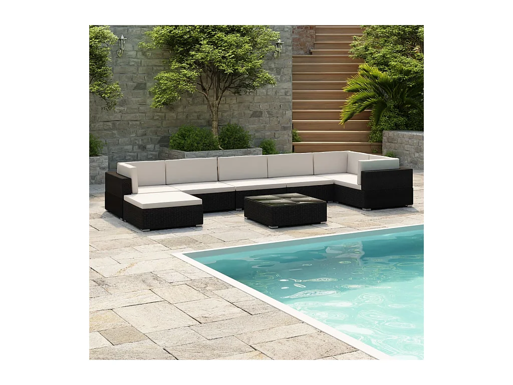 Set de muebles de jardín 8 piezas y cojines ratán sintético negro