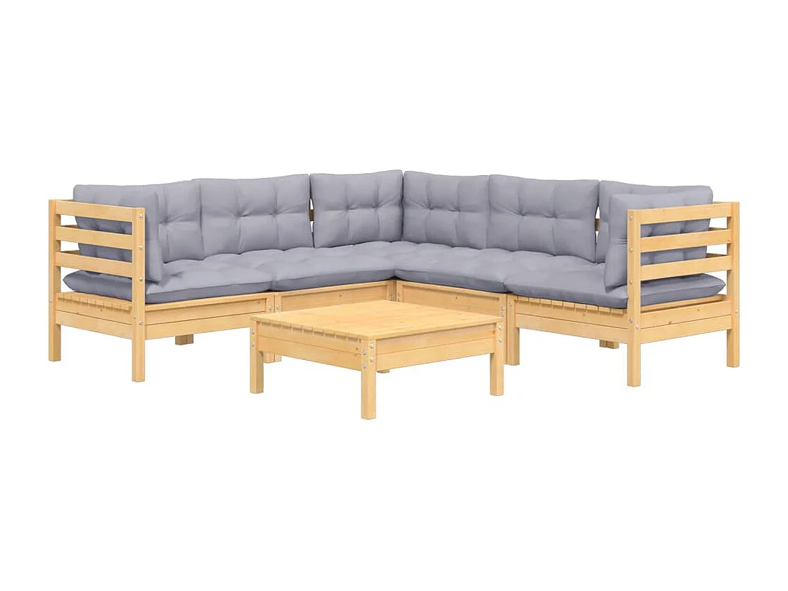 Salon de jardin 6 pièces avec coussins gris Bois de pin solide