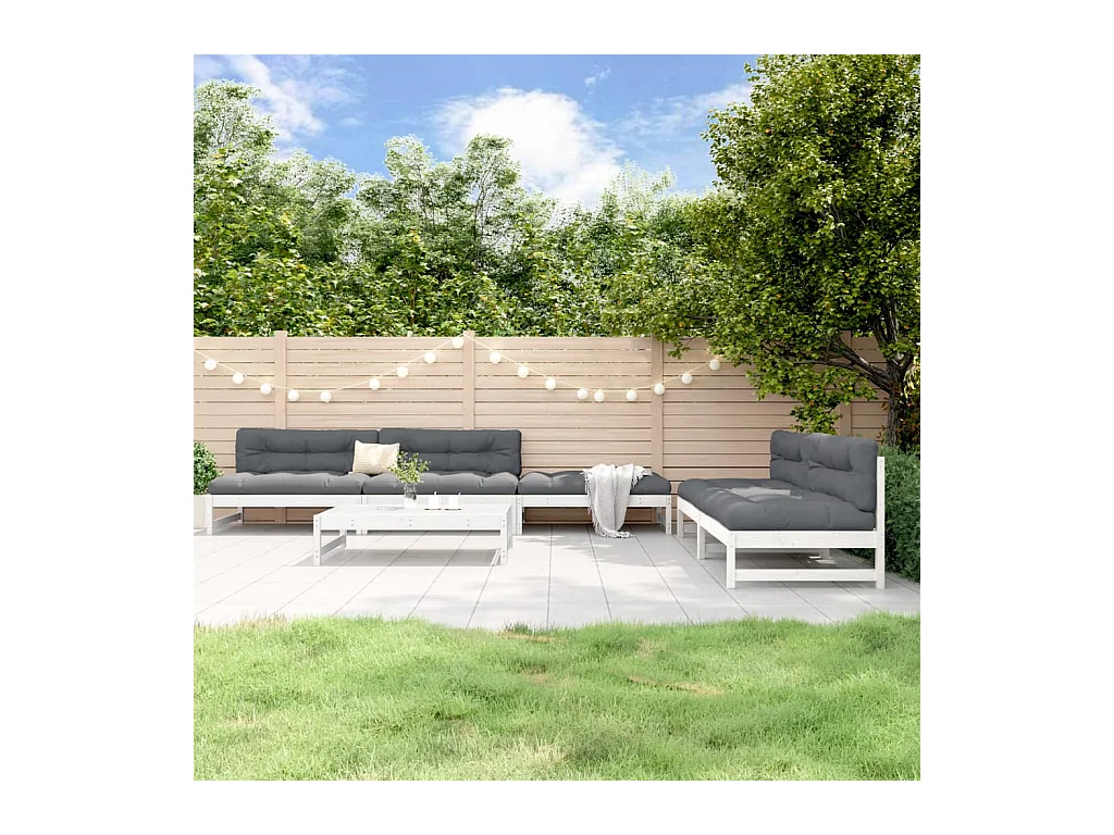Salon de jardin 6 pièces Blanc Bois de pin massif