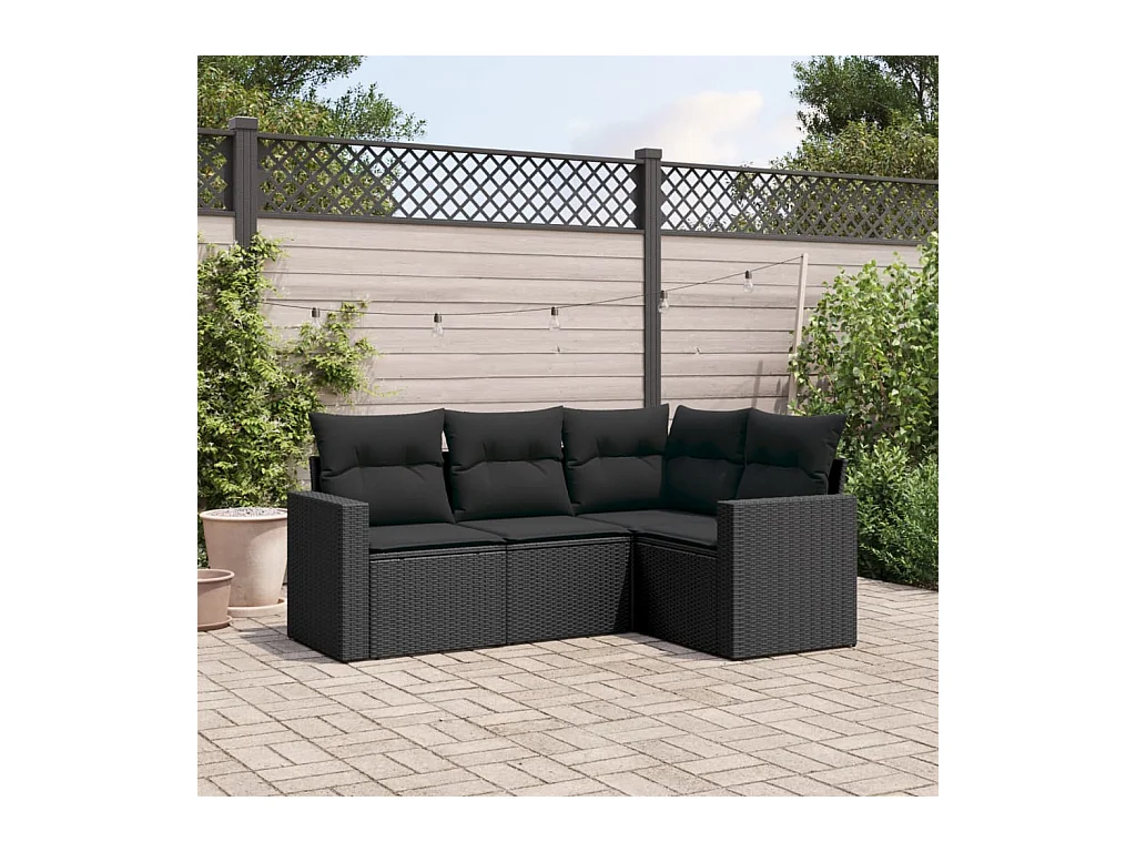 Salon de jardin 4 pièces avec coussins noir résine tressée