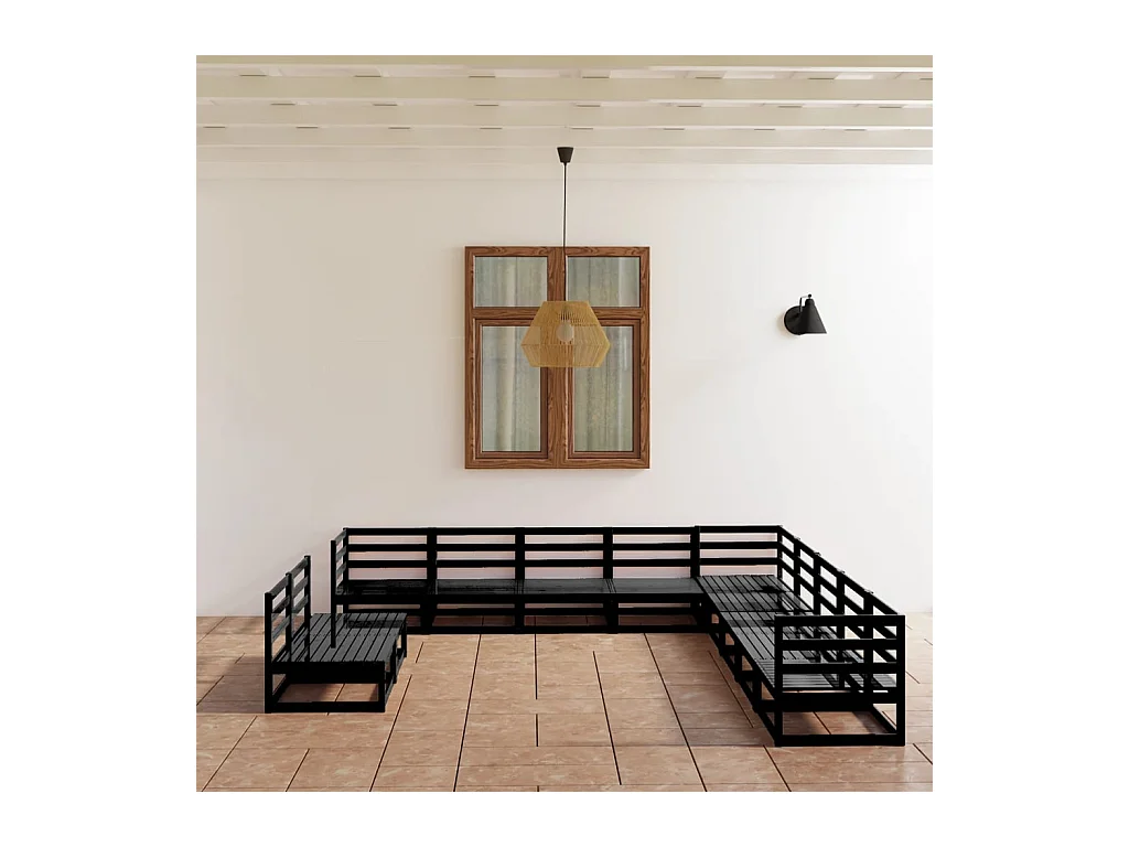 Juego de muebles de jardín 11 piezas y cojines negro madera pino