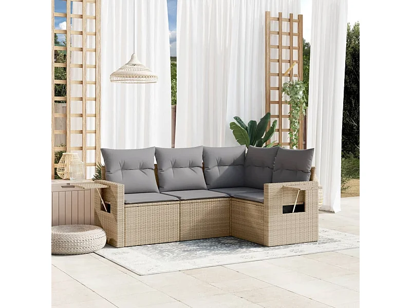4-delige Loungeset met kussens poly rattan beige