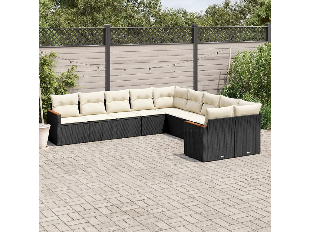 Salon de jardin 10 pièces avec coussins noir résine tressée