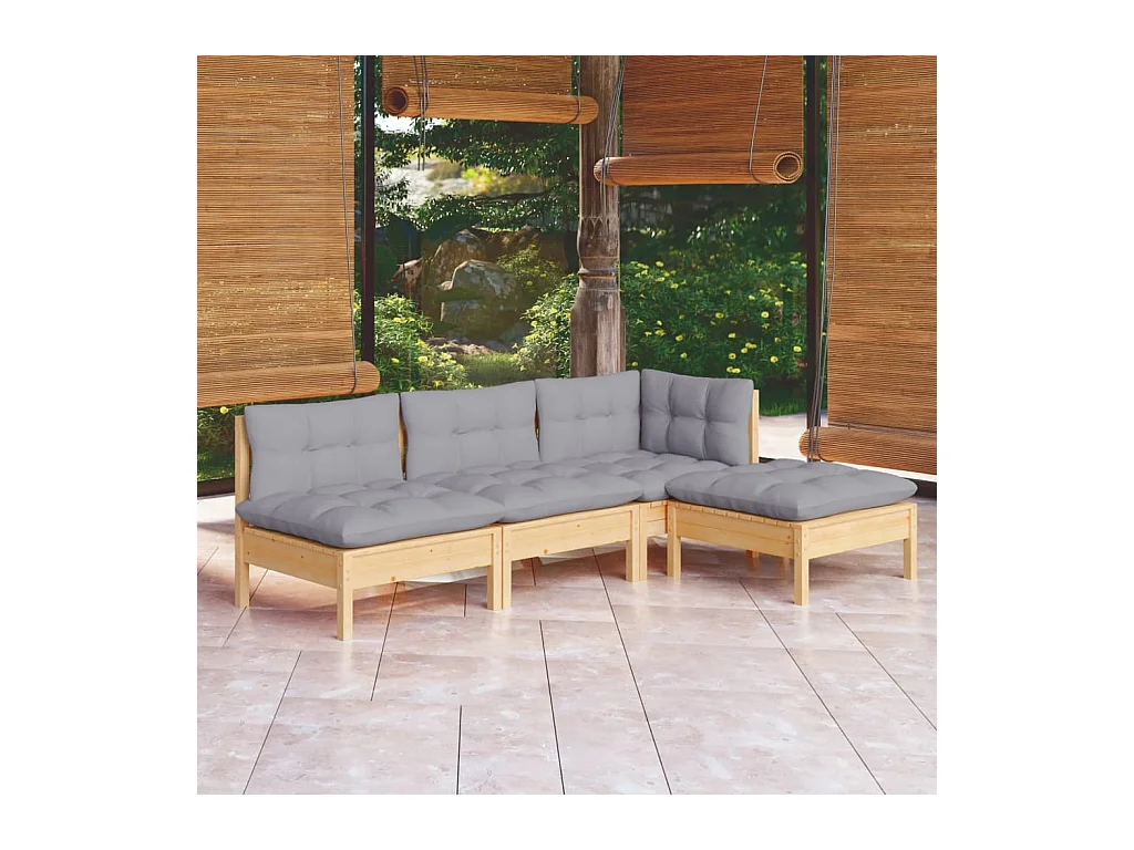 4-delige Loungeset met grijze kussens grenenhout