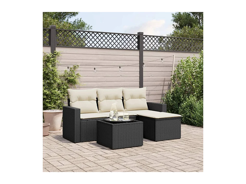 Salon de jardin 5 pièces avec coussins noir résine tressée