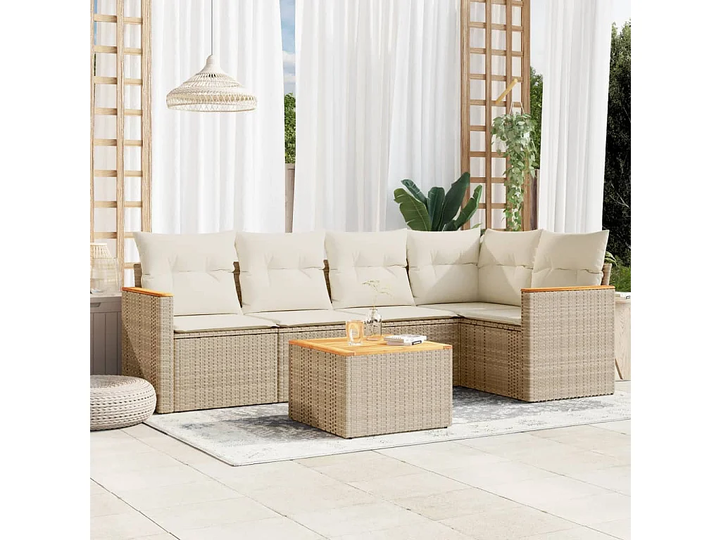 6-delige Loungeset met kussens poly rattan beige