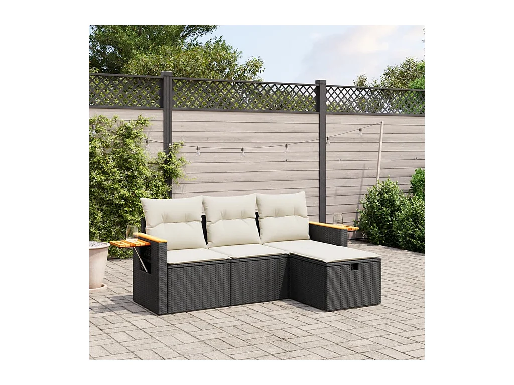 Salon de jardin 4 pièces avec coussins noir résine tressée