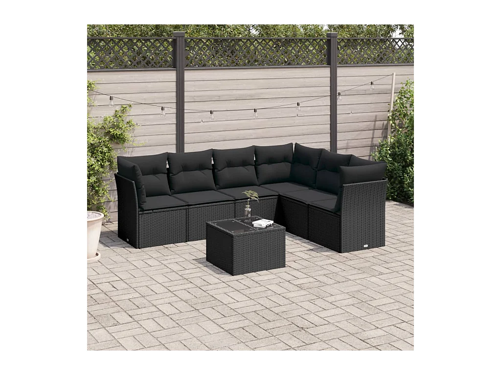 7-delige Loungeset met kussens poly rattan zwart