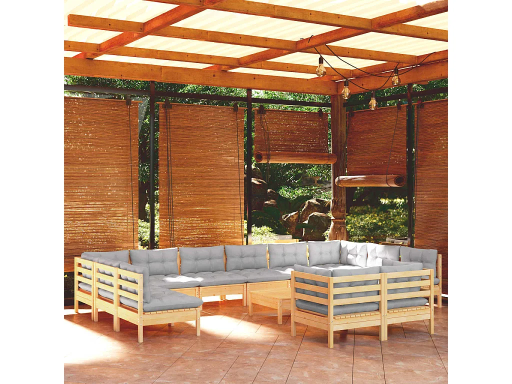 Salon de jardin 13 pièces avec coussins gris bois de pin