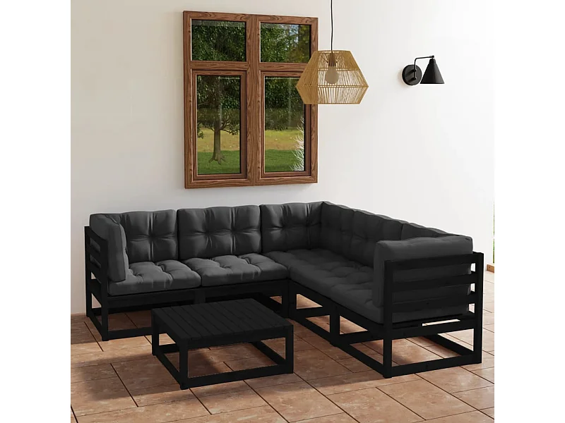 6 peças conjunto longue de jardim c/ almofadões pinho maciço