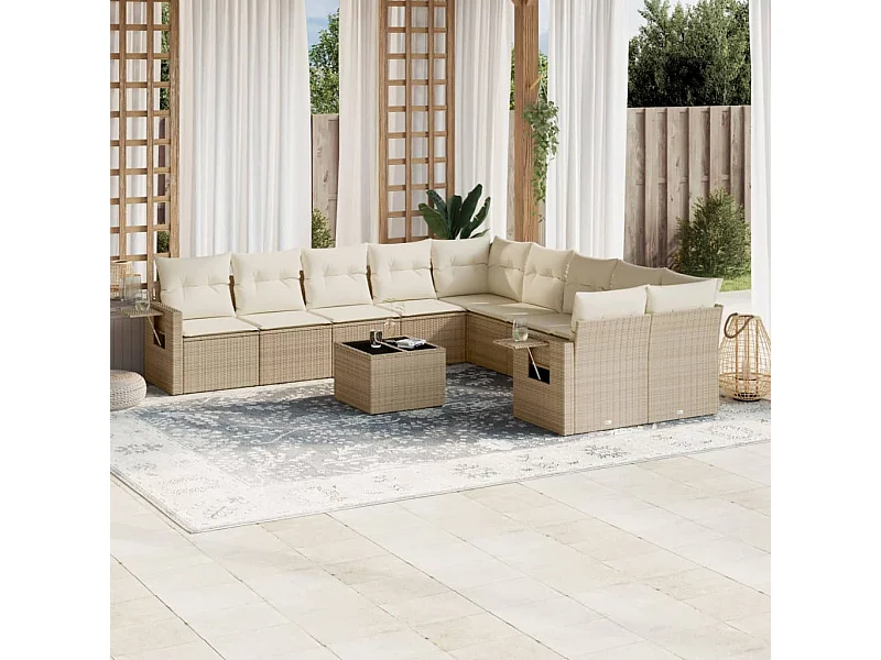 Salon de jardin 11 pièces avec coussins beige résine tressée