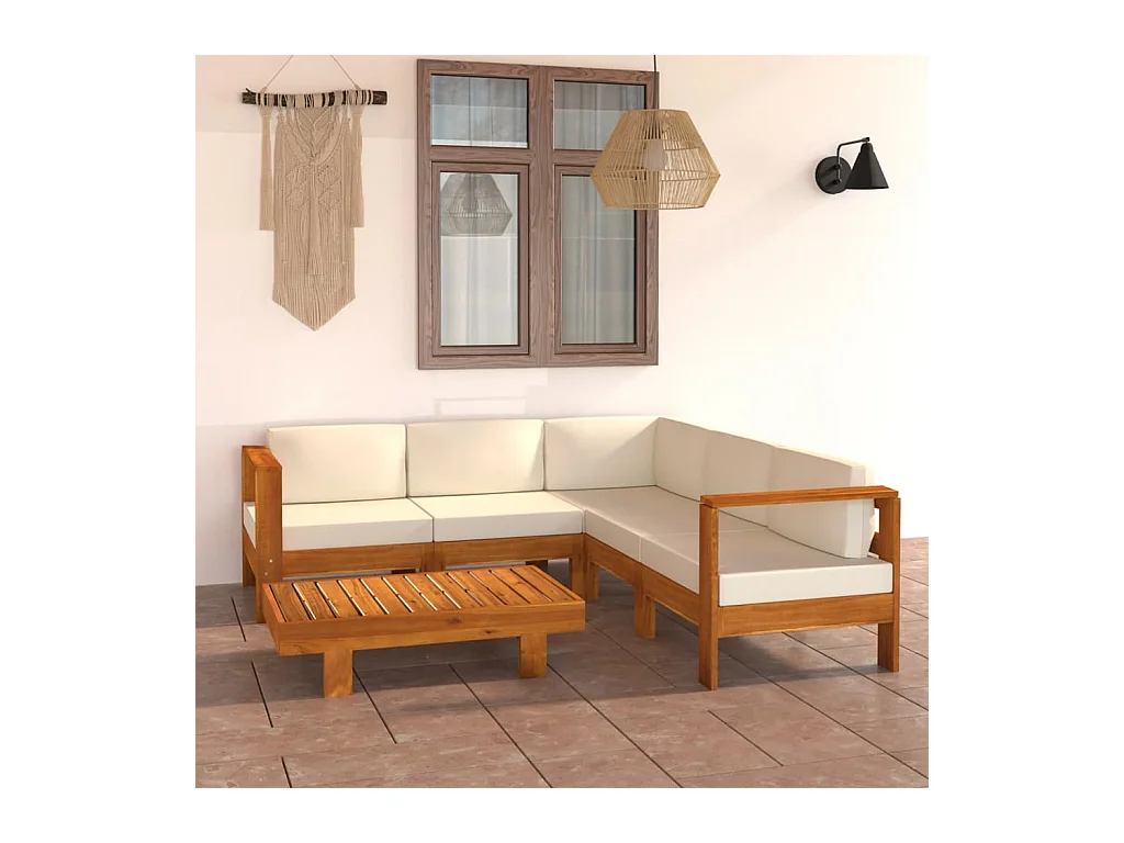 Salon de jardin 6 pièces avec coussins blanc crème Bois d'acacia