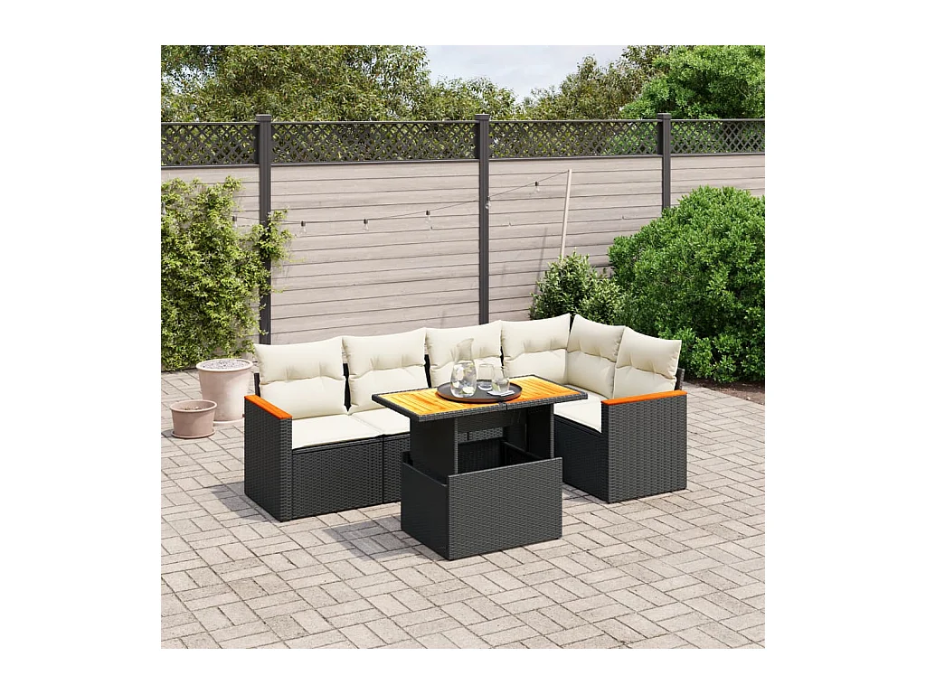 6-delige Loungeset met kussens poly rattan zwart