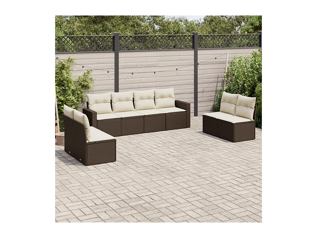 Salon de jardin 8 pièces avec coussins marron résine tressée