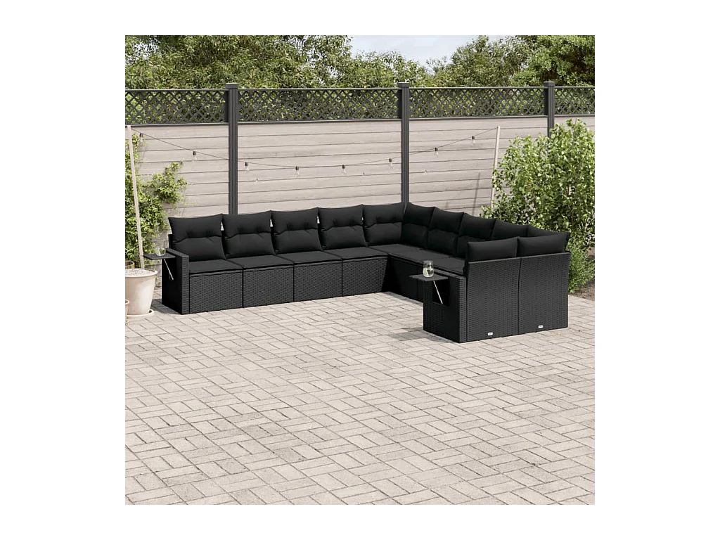 10-delige Loungeset met kussens poly rattan zwart