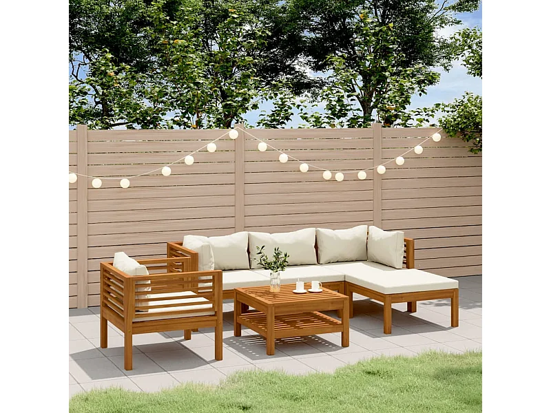 Muebles de jardín 6 piezas cojines crema madera maciza de acacia