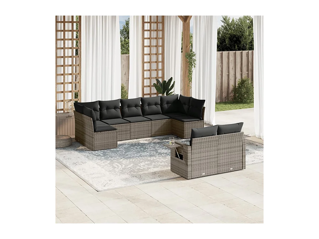 9 peças conjunto sofás p/ jardim com almofadões vime PE cinzento
