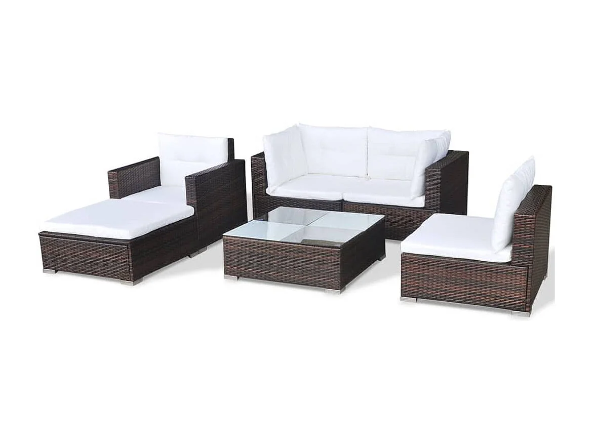 Salon de jardin 6 pièces avec coussins Résine tressée Marron