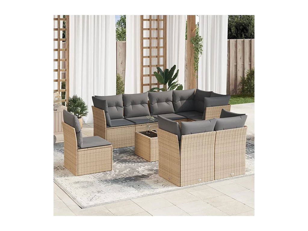 Salon de jardin avec coussins 9 pièces beige résine tressée