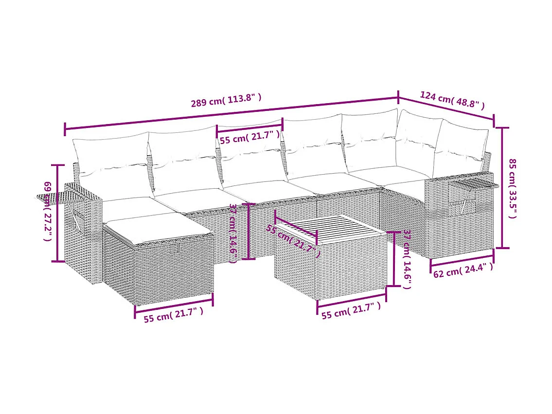 Salon de jardin 8 pièces avec coussins gris résine tressée