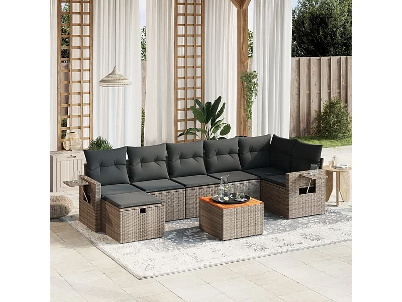 8-delige Loungeset met kussens poly rattan grijs